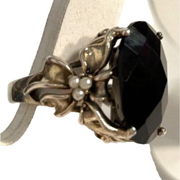 Vintage 925 Silver 22 X 17mm Lab Ruby size 7.5 ring 13.7gm faux seed pearls bows - Picture 2 of 13